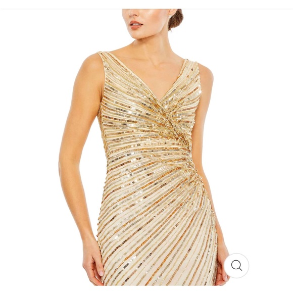 MAC DUGGAL SZ 10 SEQUENCED FAUX WRAP MIDI DRESS.  YELLOW/GOLD/NUDE NWT - Picture 3 of 6